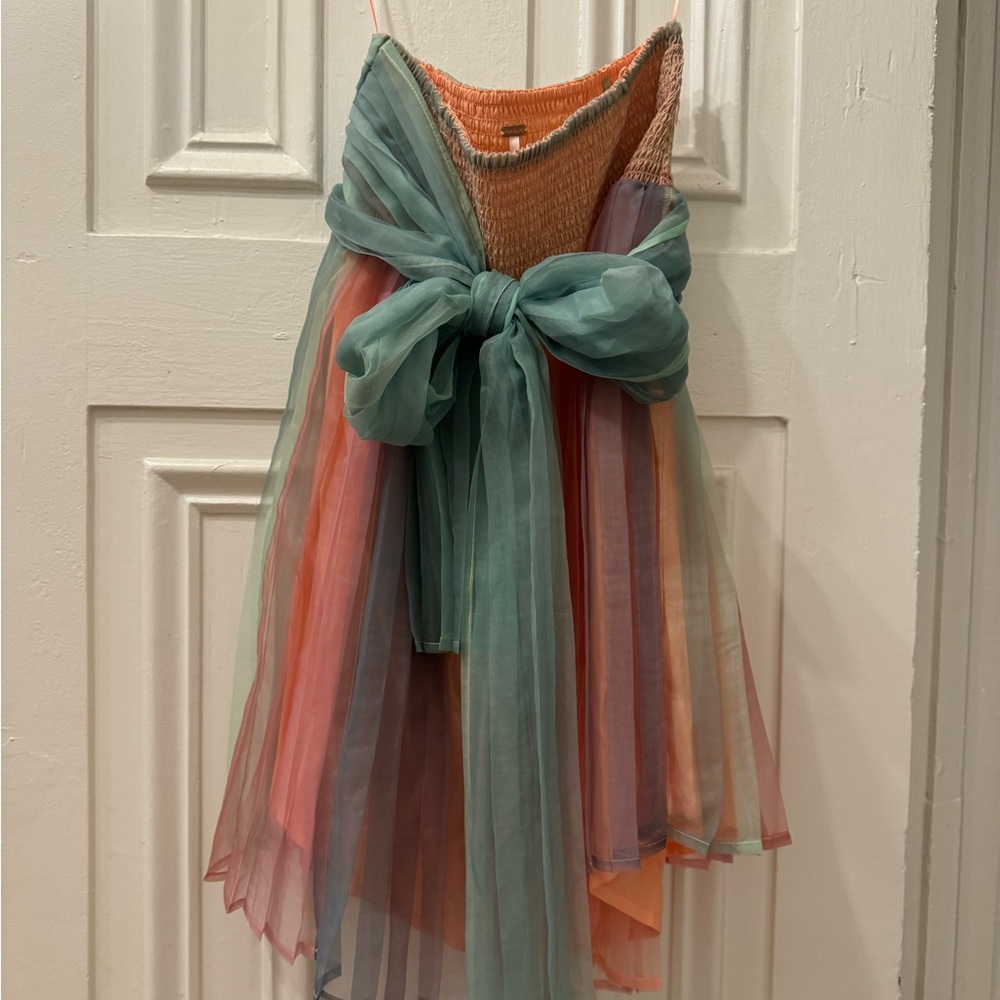 Free People Mini Dress Multicolored Rainbow with Bow